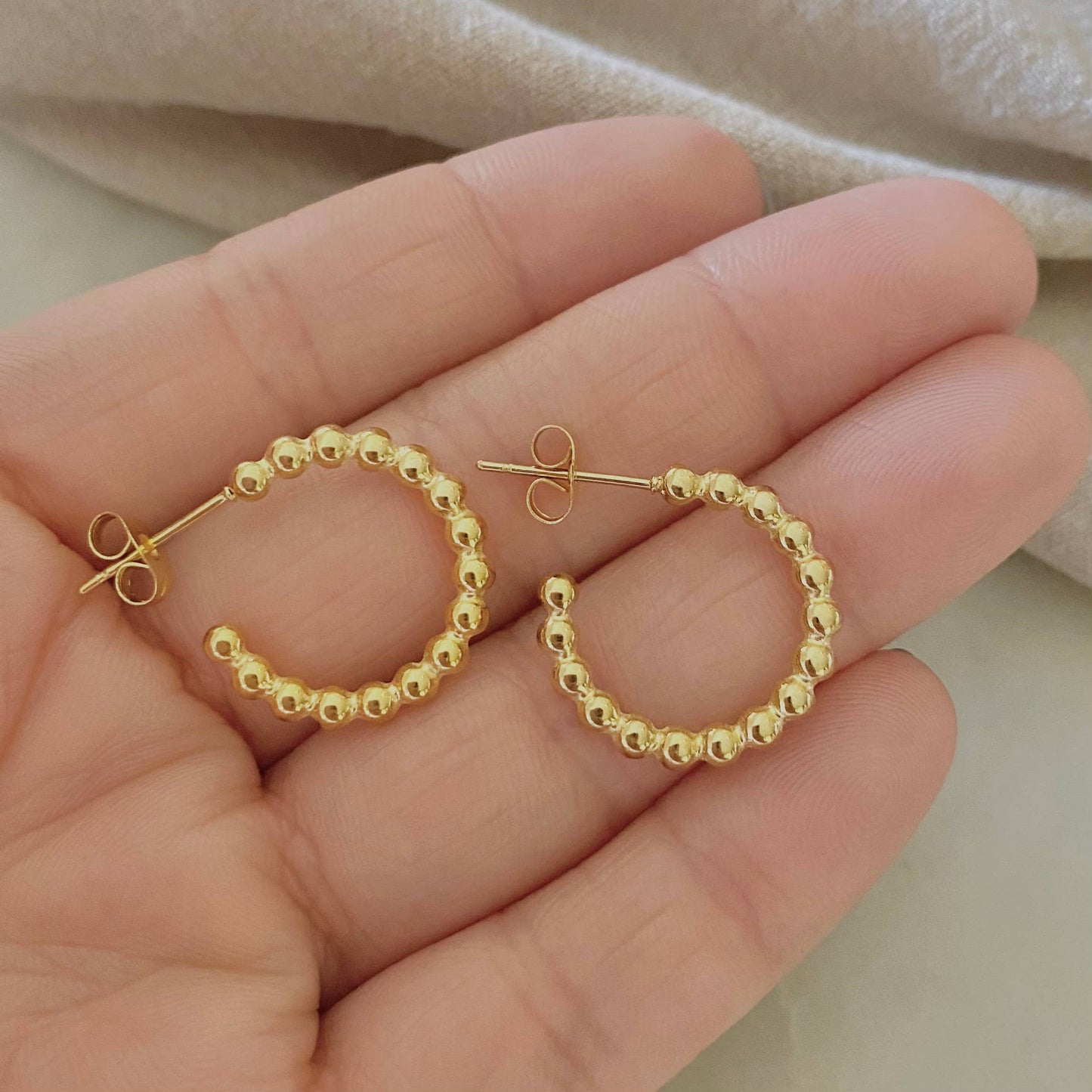 Beaded Small Hoop Earrings 18K Gold Plated Lightweight