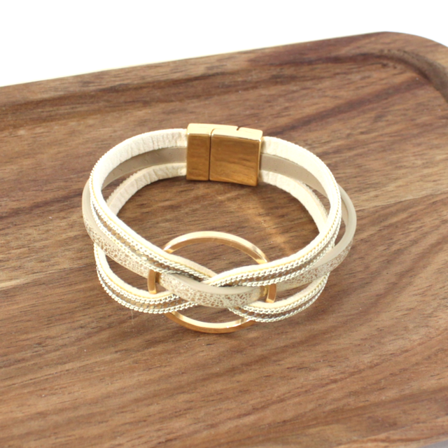 B22096 Interlocked Ring PU Leather Wrap Bracelet